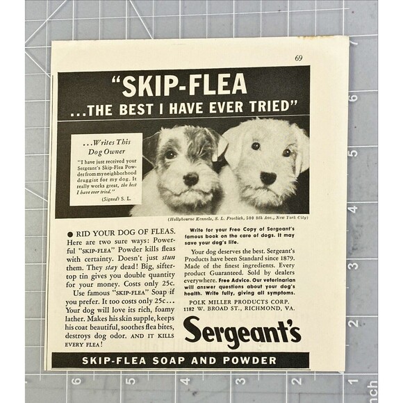 Sergeant's Skip-Flea Soap and Powder "The best I Have Ever Tried" Print Ad 1936 - Picture 2 of 3